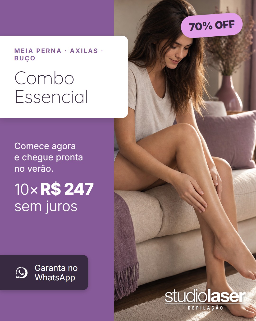 Combo Essencial Studio Laser: Meia Perna + Axilas + Buço 70% OFF!